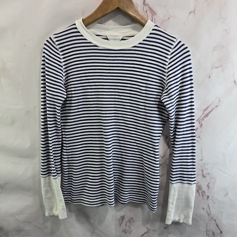 Sundance Shirt Womens XS Navy White Striped Thermal Waffle Button Sleeve Crew